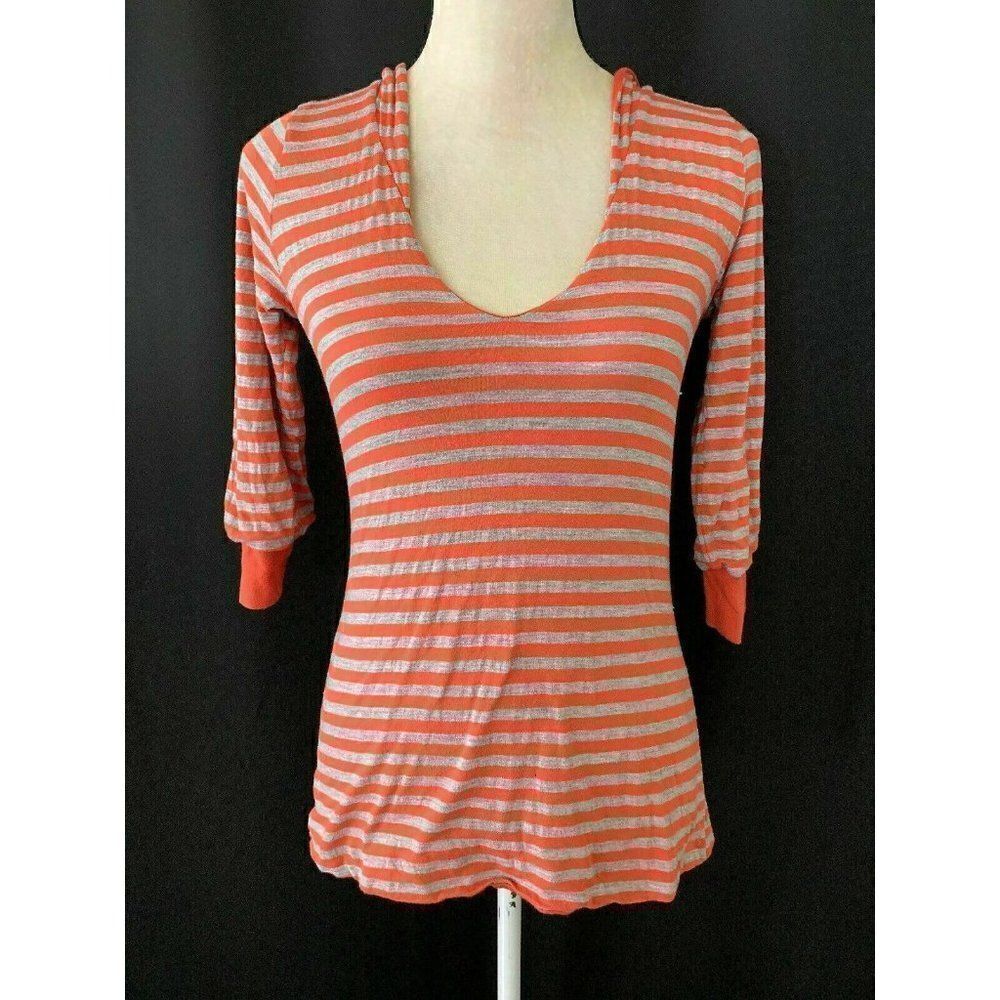 Splendid Womens Orange Gray Striped Long Sleeve V Neck Hoodie Top Small
